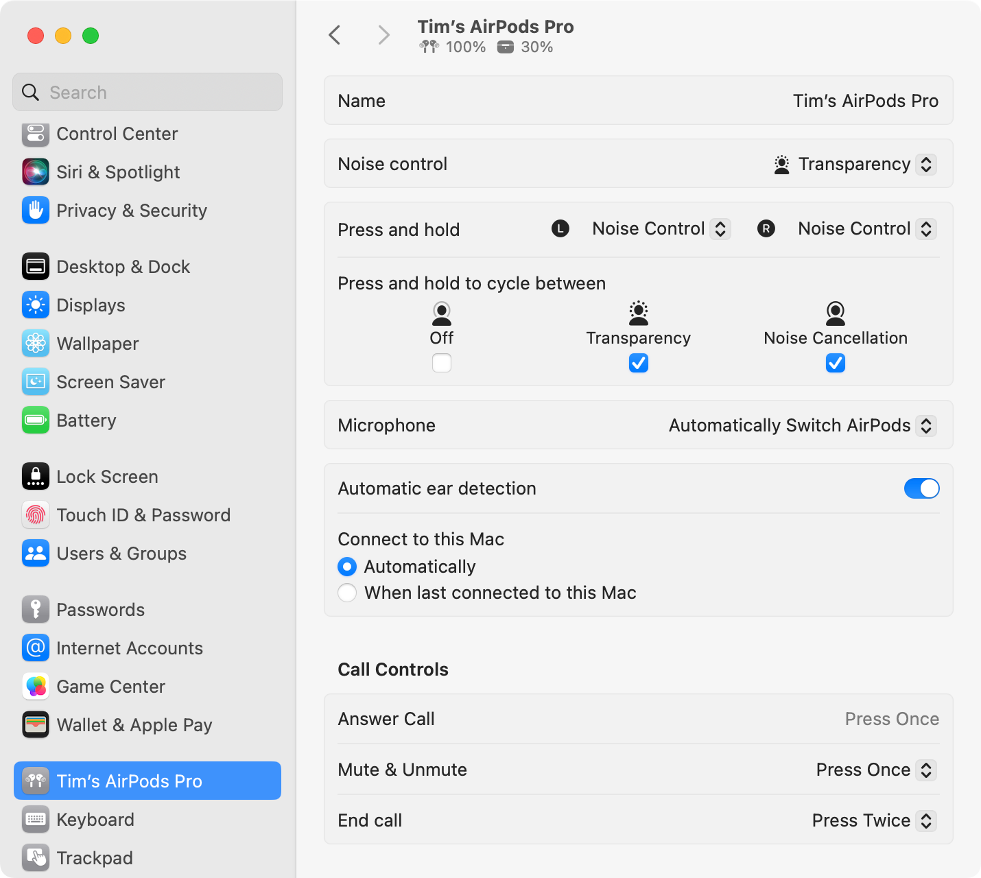 AirPods settings on a Mac.