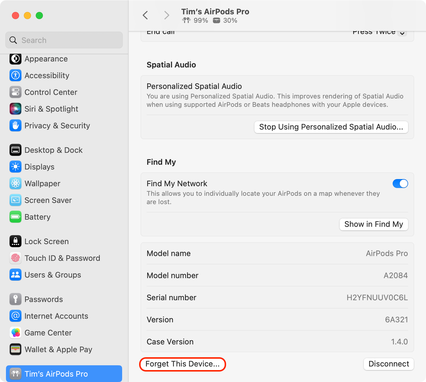 "Forget this Device" in AirPods settings on a Mac.