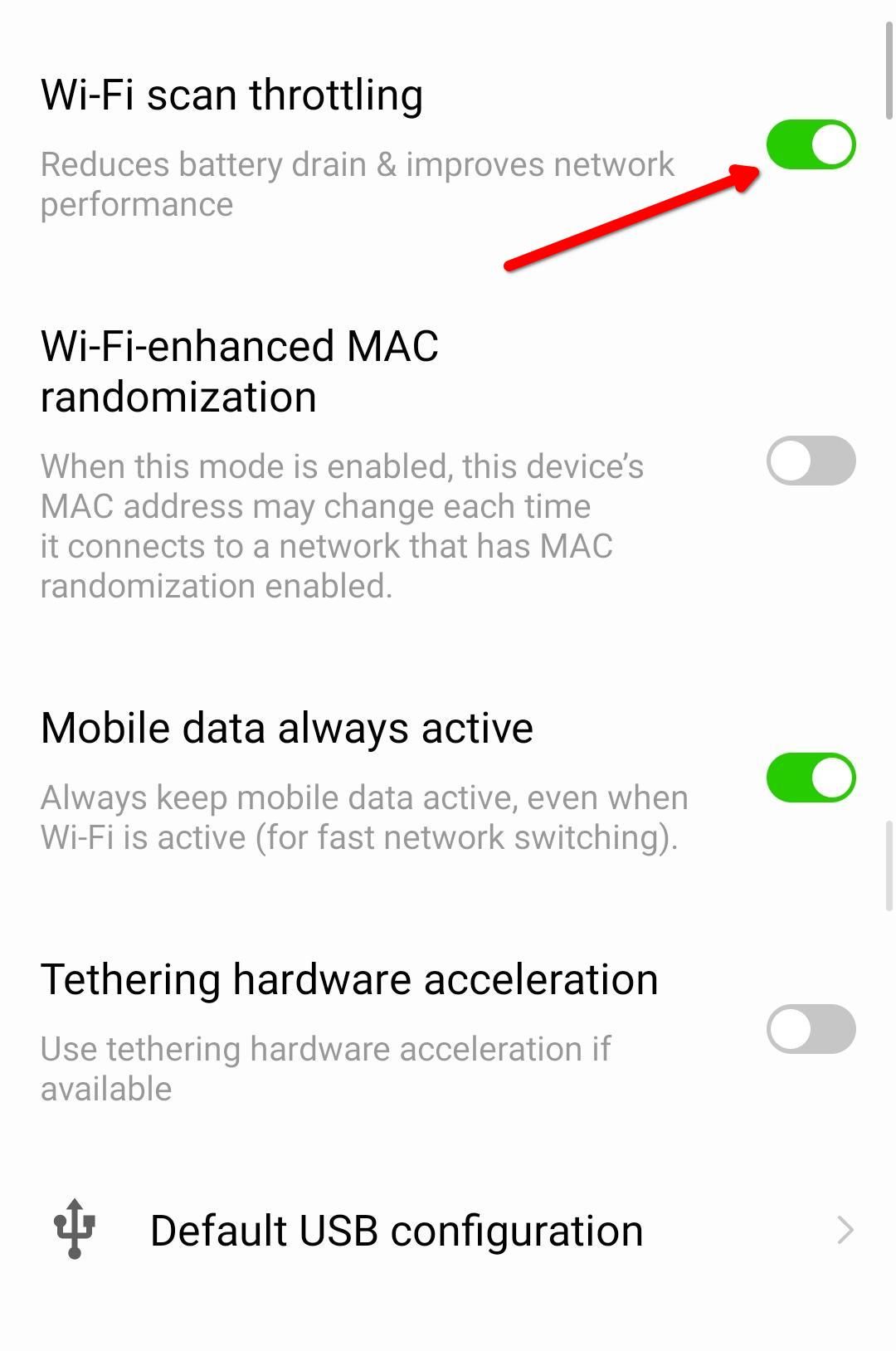 Enable Wi-Fi throttling in developer options.