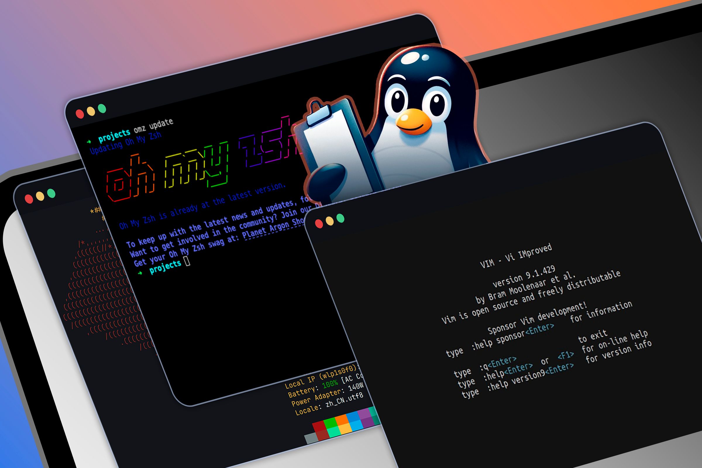 Some Linux windows and Tux holding a clipboard.