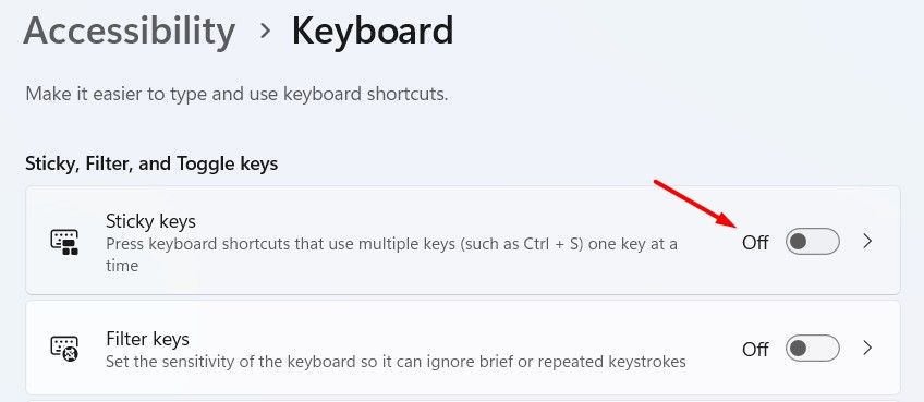 Sticky Keys toggle on Windows 11.