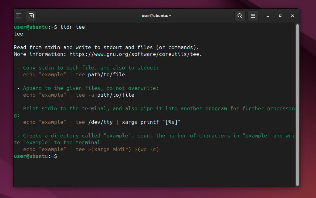 Terminal window showing simplified discriptions of tee command using tldr