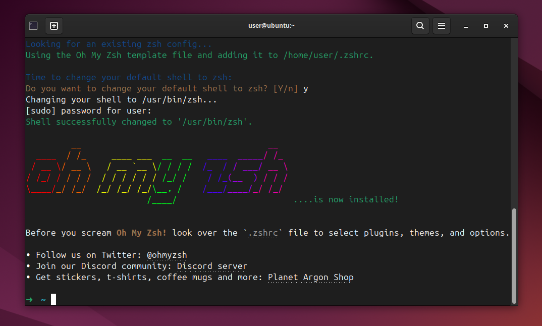 The 'Oh My Zsh' splash screen on terminal