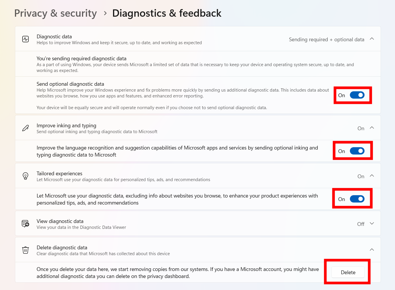 Diagnostics data collection settigns on Windows