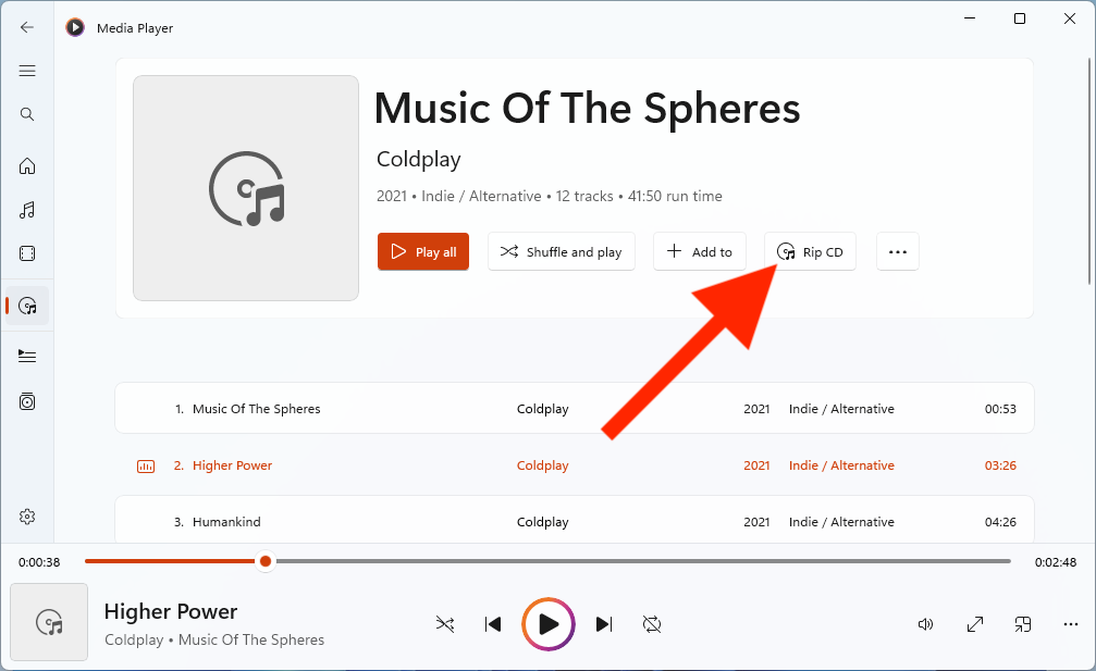 Screenshot of Rip CD button in Media Player.