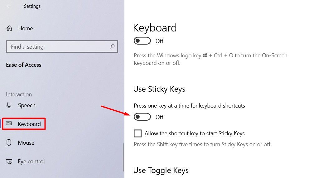 Use Sticky Keys toggle in Windows 10