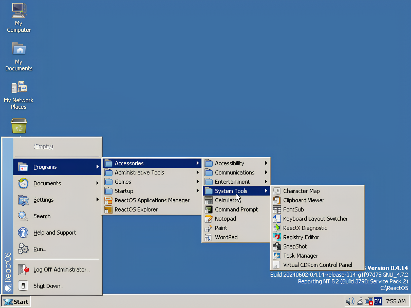 Start menu on the ReactOS.