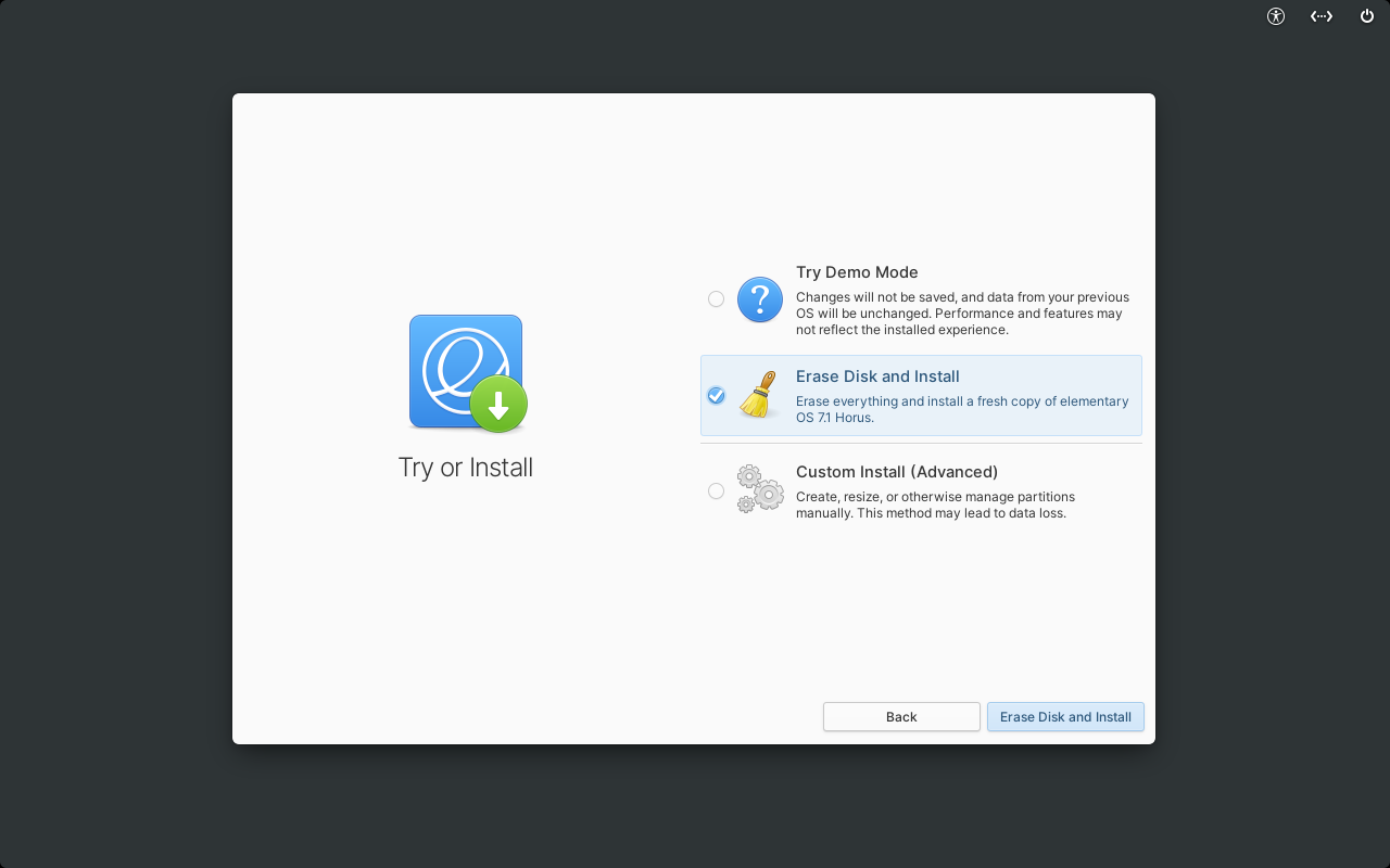 The boot and install options in an elementary OS live boot menu.