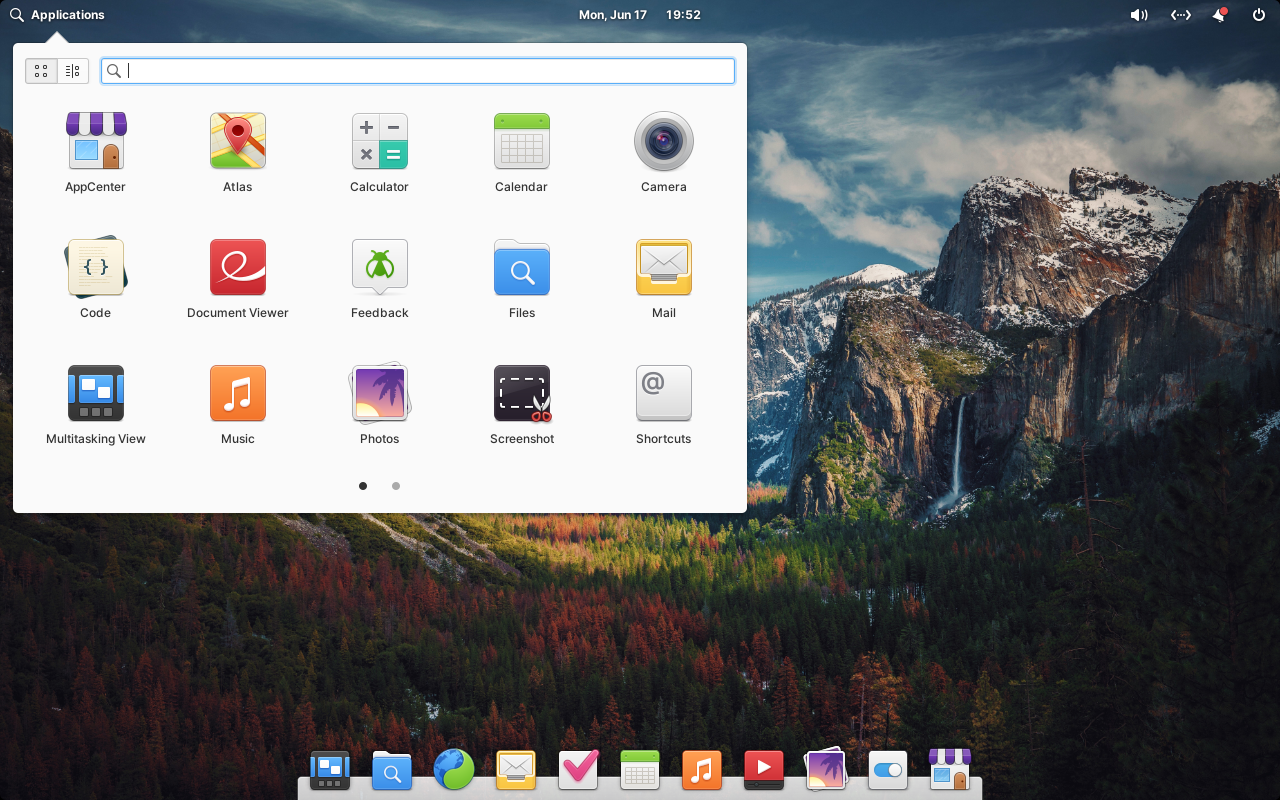 The elementary OS desktop with the application menu visible.