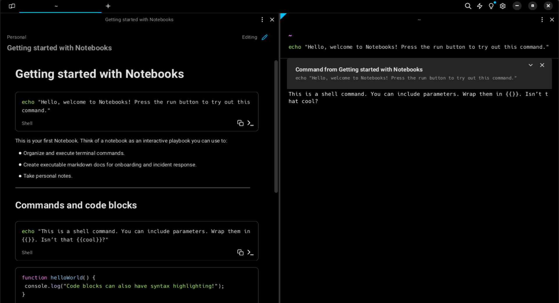 An instance of using split windows in Warp terminal