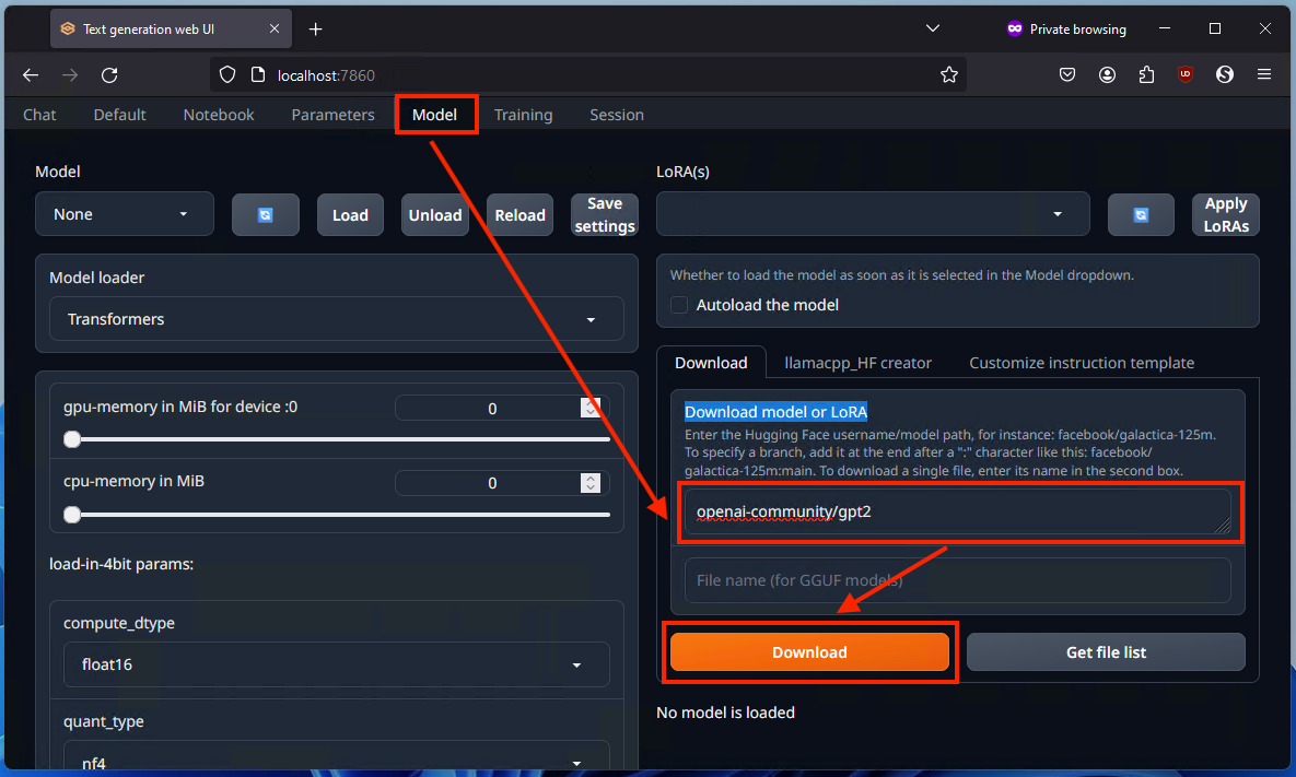 Downloading a model for use in text-generation-web-ui.