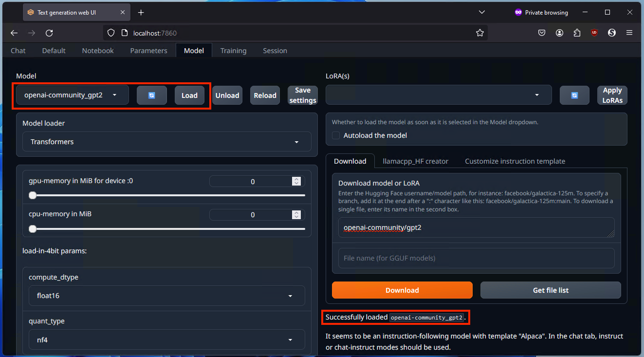 Loading a model in text-generation-web-ui.