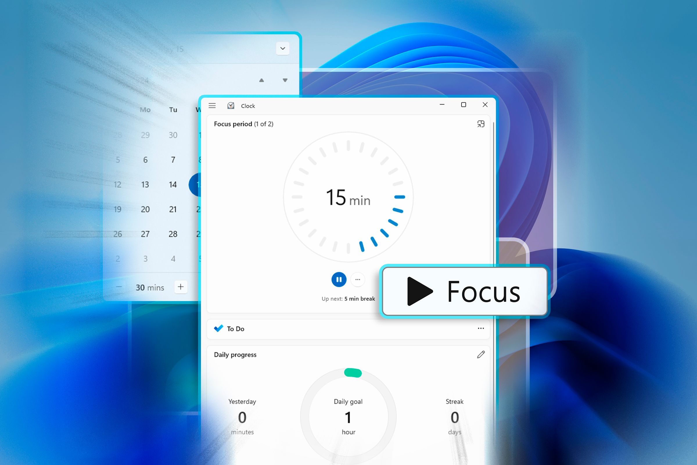 Windows 11 with the Clock app in Focus session mode.