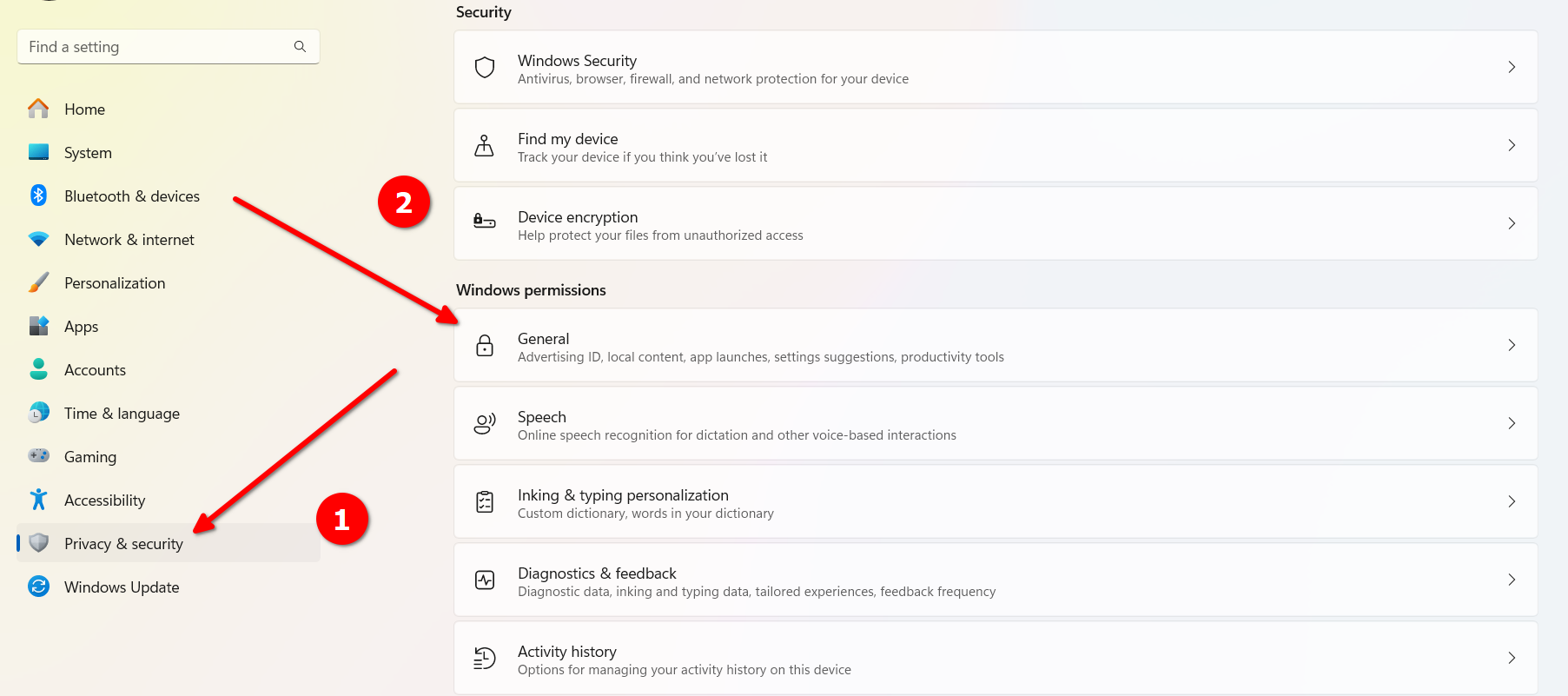 An instance of different Windows privacy and security settings