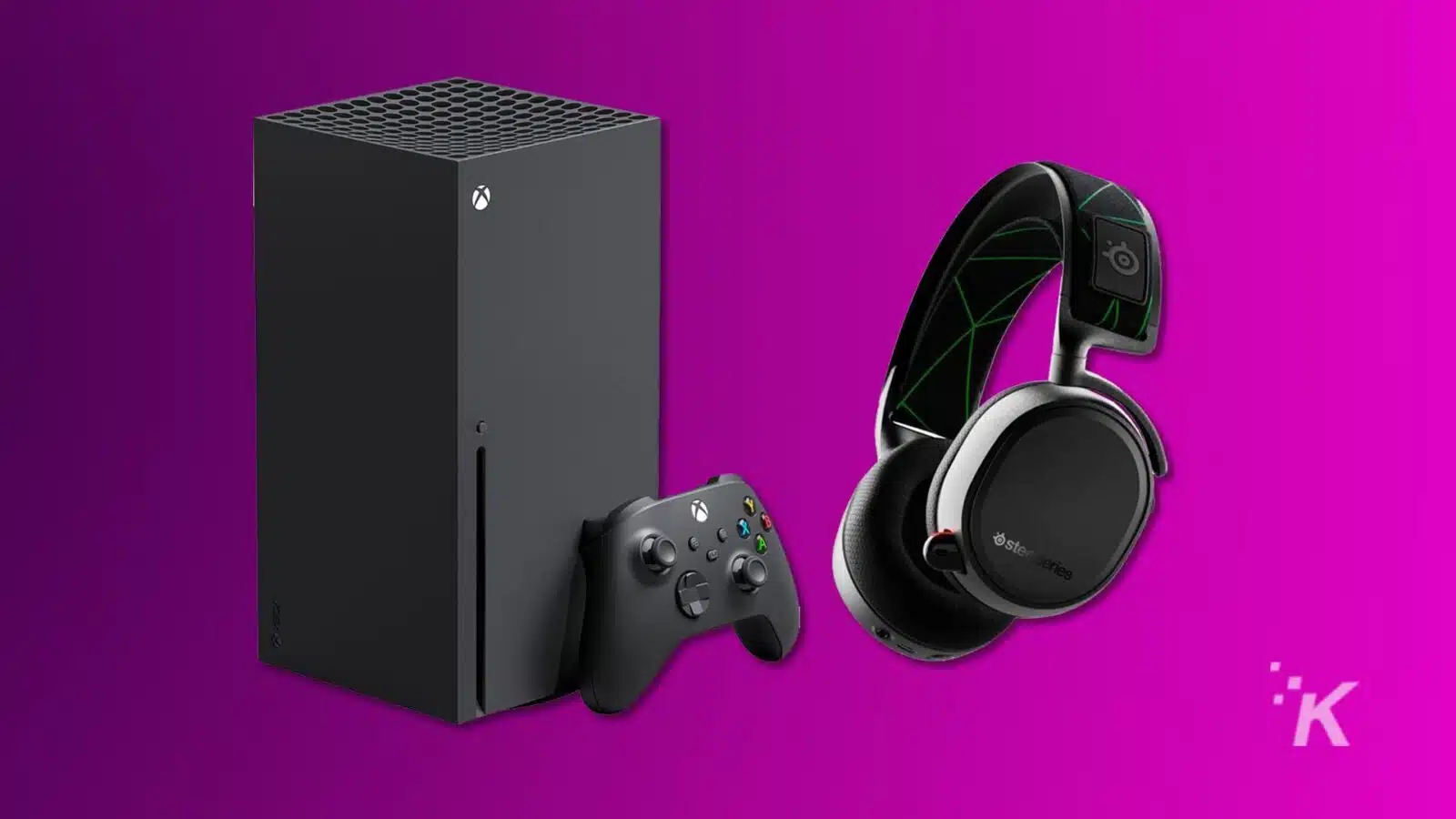 xbox console next to steel series headset