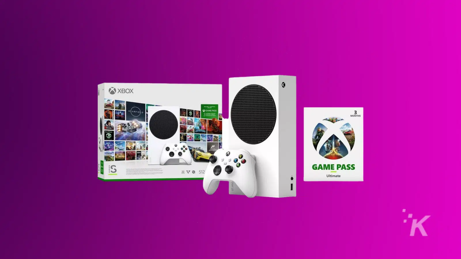 An Xbox Series S console and controller, its packaging box, and a 3-month Xbox Game Pass Ultimate card against a purple background.