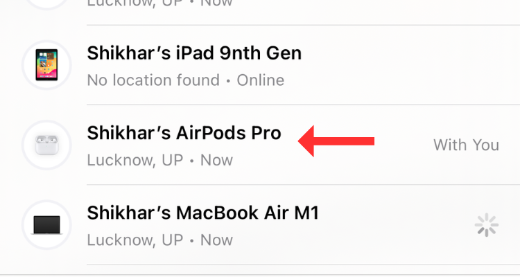 Screenshot of the devices in Find My app on an iPhone with an arrow next to the AirPods Pro.
