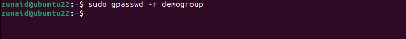 The Linux terminal showing the process of removing the password from a a group in Linux using the gpasswd command