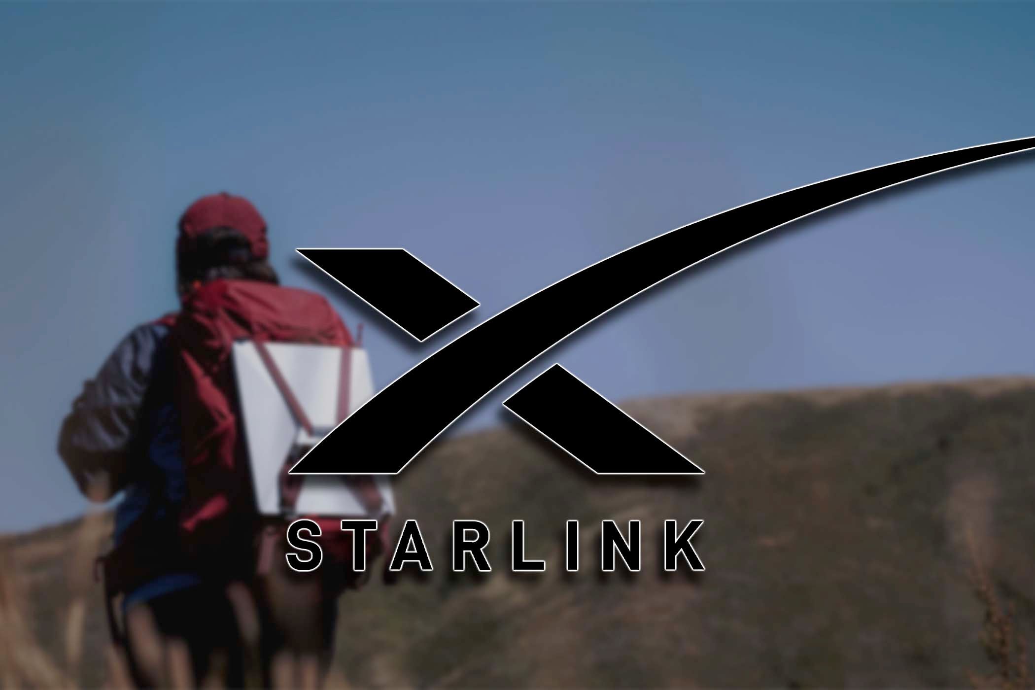 The Starlink logo over a photo of a camper carrying the Starlink Mini dish.