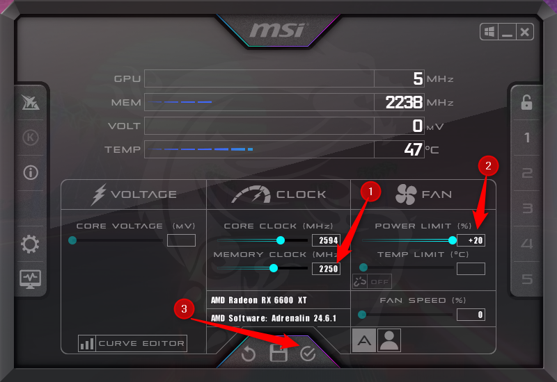 Overclocking VRAM in MSI Afterburner.