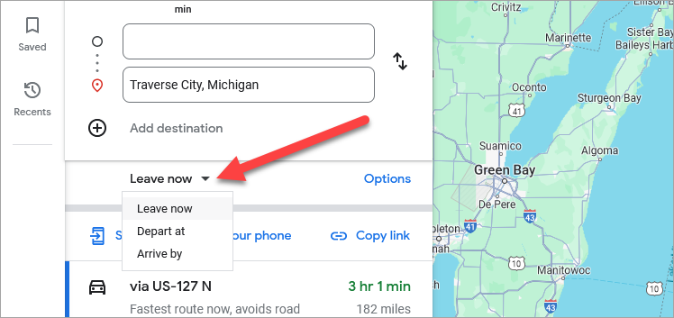 Google Maps leave by option on the web.