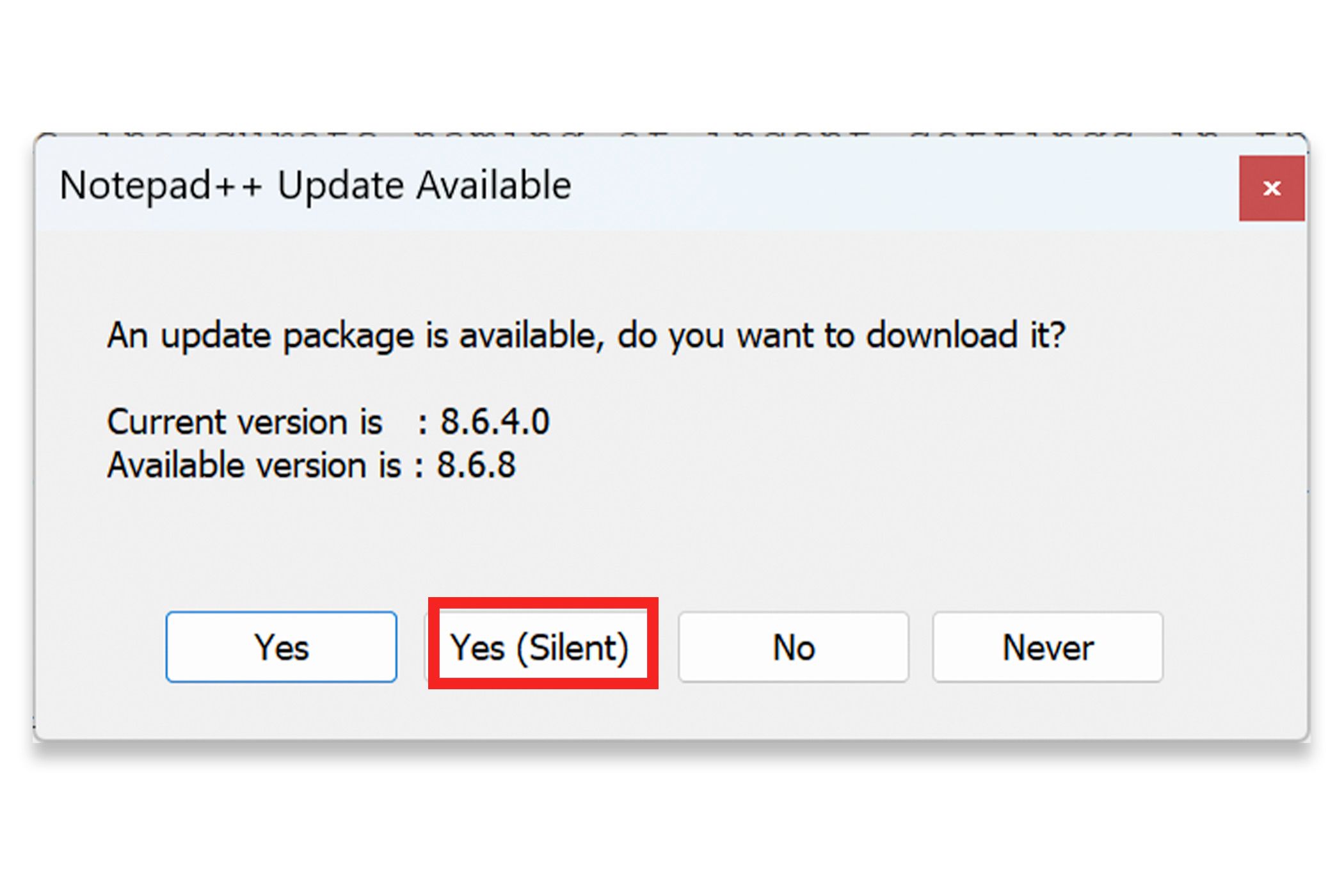 The new silent update button in Notepad++.