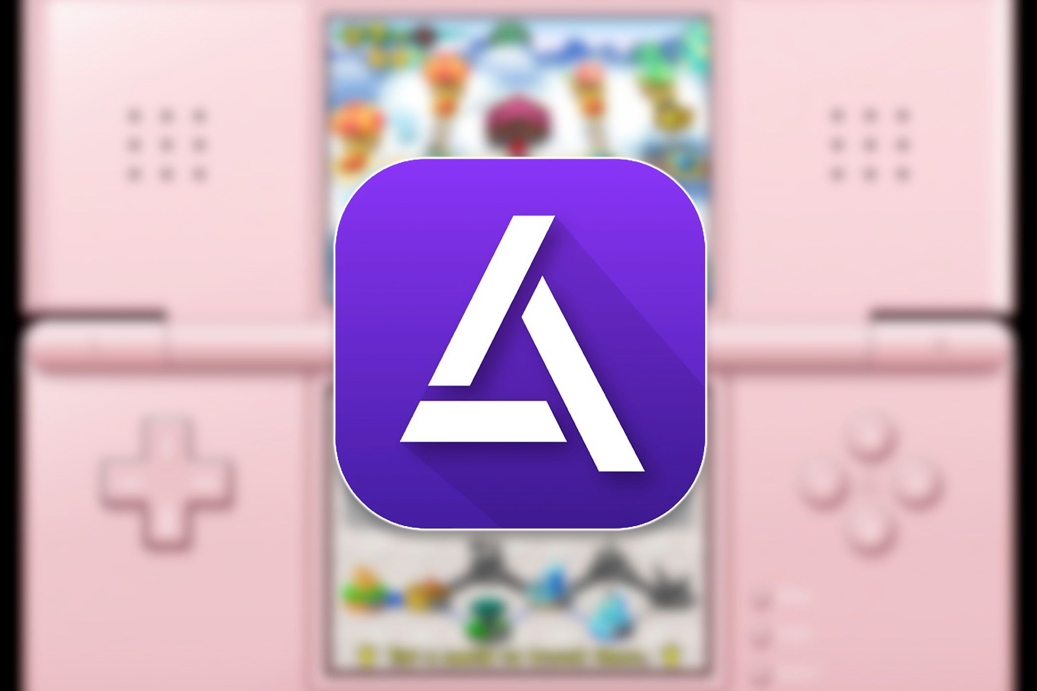 The  Delta Emulator logo over a screenshot of a DS game on an iPad.