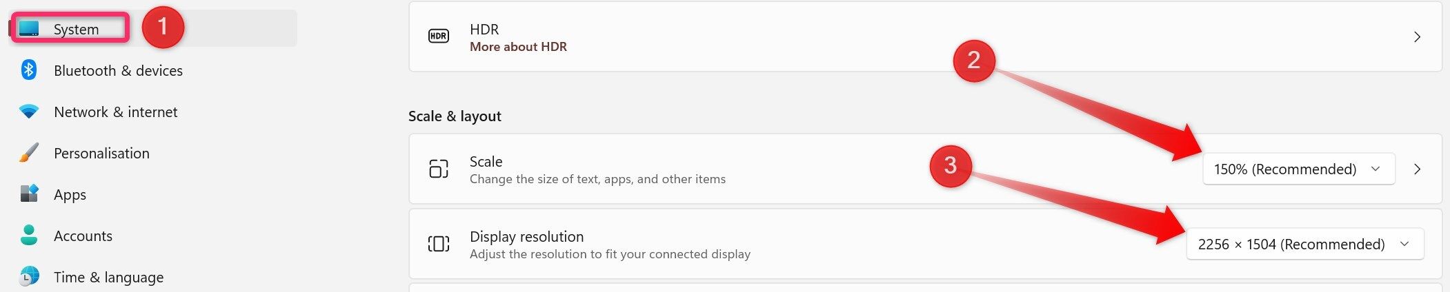 Changing scale and resolution in the Settings app on Windows.