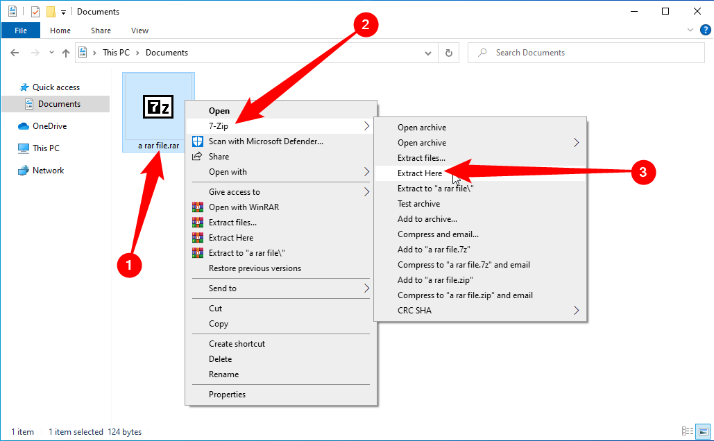 Extracting a RAR file with 7-Zip.