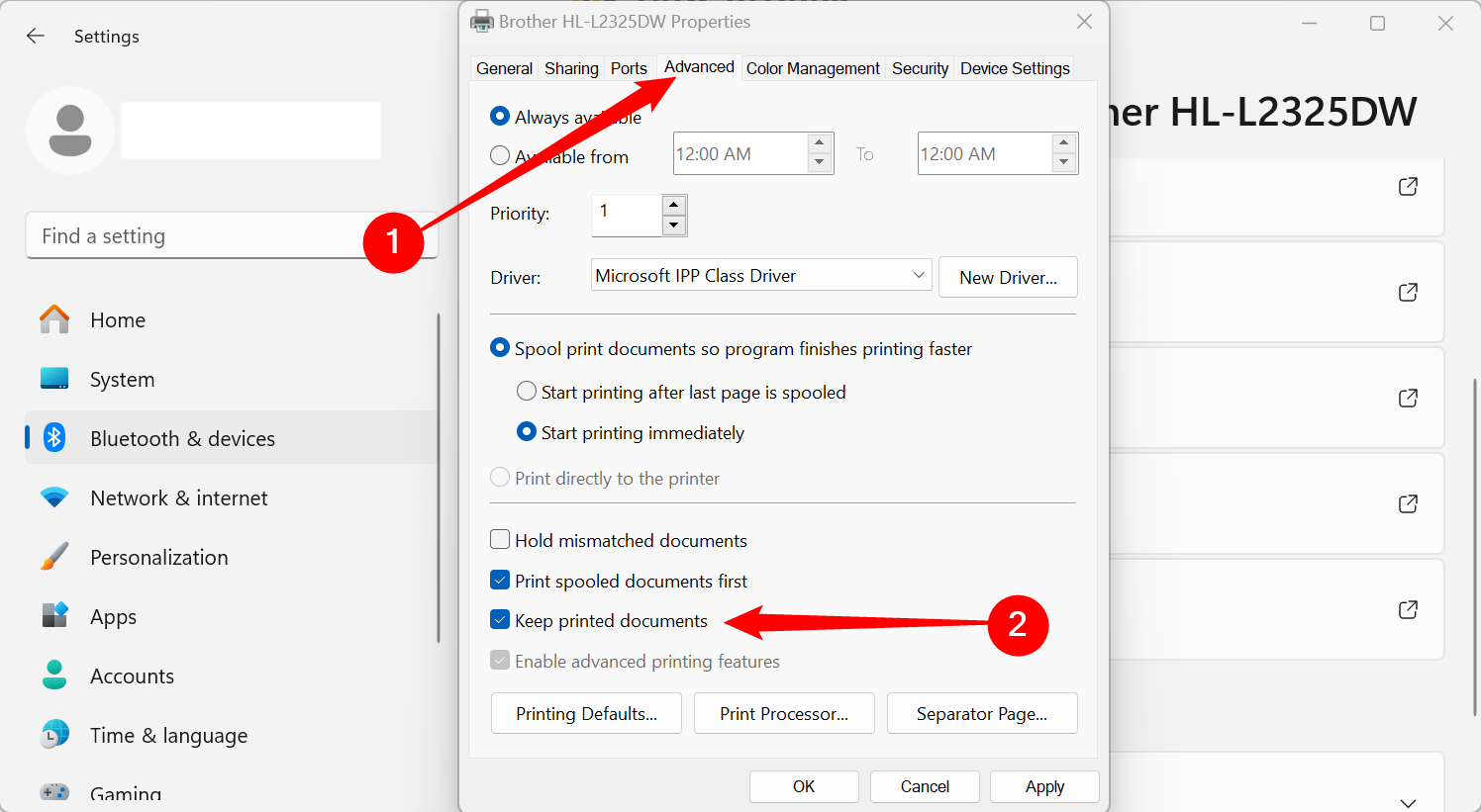 The 'Advanced' tab in Printer Properties.