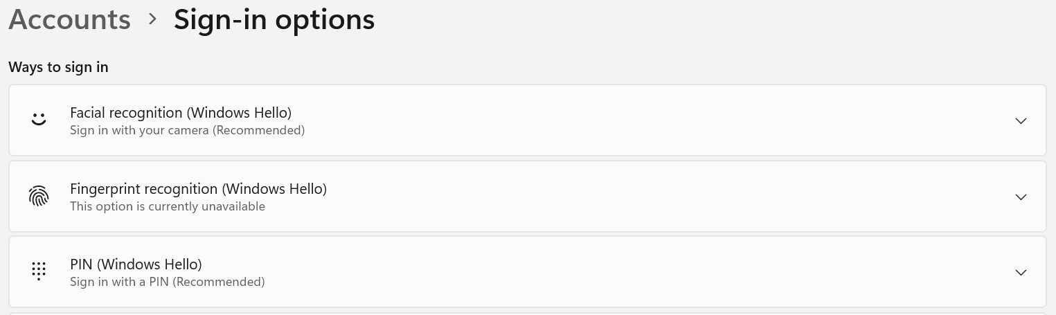 Different Windows Hello Sign In Options.