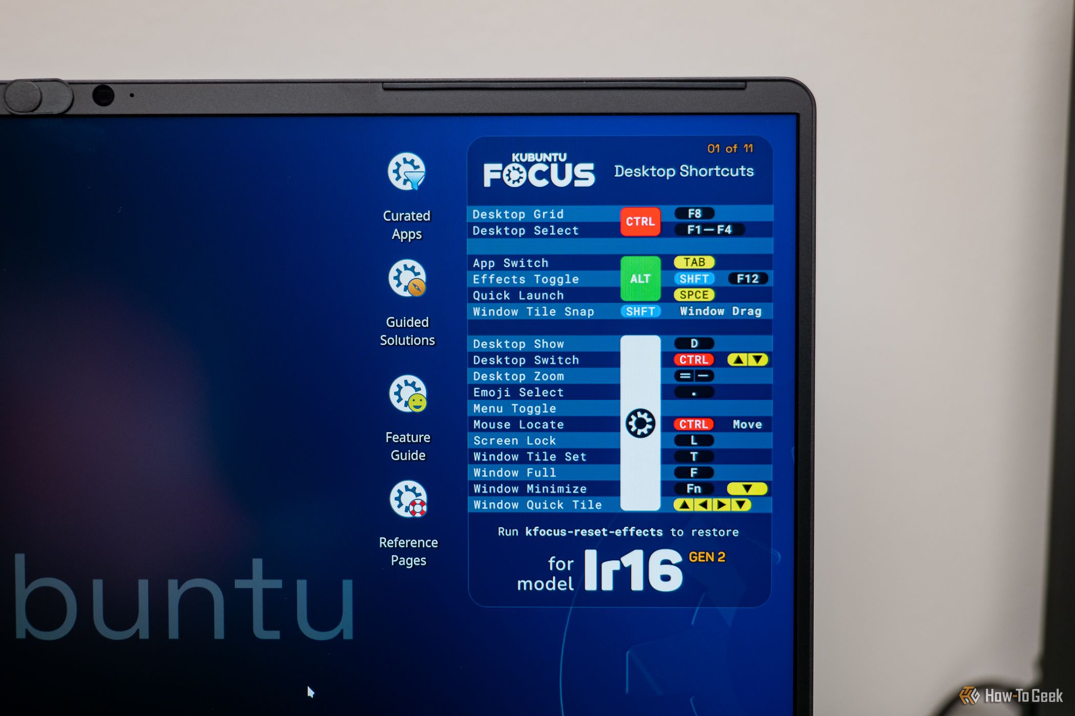 Closeup of some keyboard shortcuts listed on the desktop of a Kubuntu Focus Ir16 Gen 2 laptop.