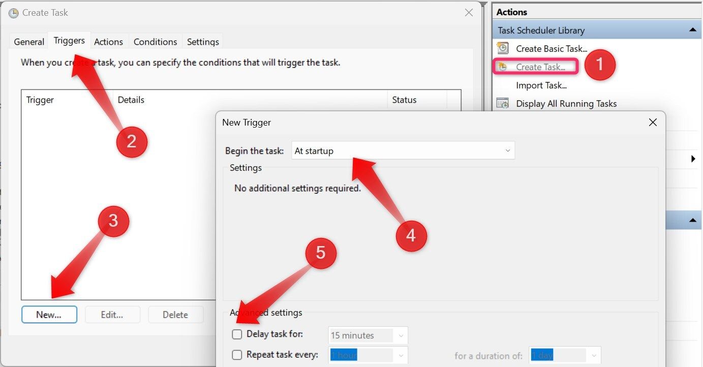 Setting up a trigger for a task in Task Scheduler.