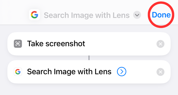 Screenshot of iPhone's Shortcut app highlighting the Done option.