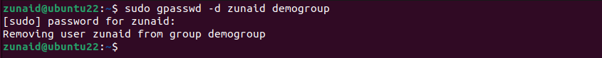 The Linux terminal showing how to remove a user from a group using the gpasswd command