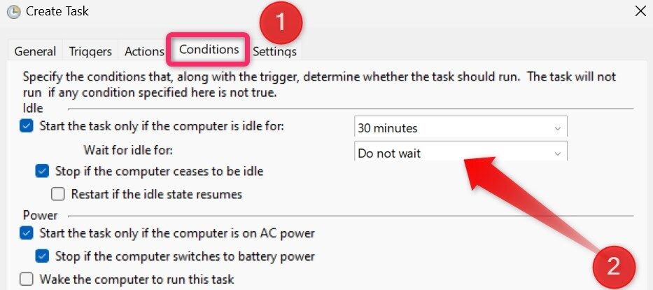 Defining conditions for a task in Task Scheduler.