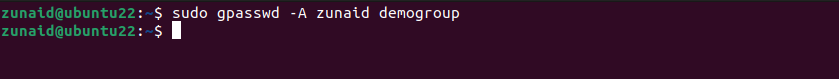 The Linux terminal showcasing how to make a user the administrator of a group using the gpasswd command