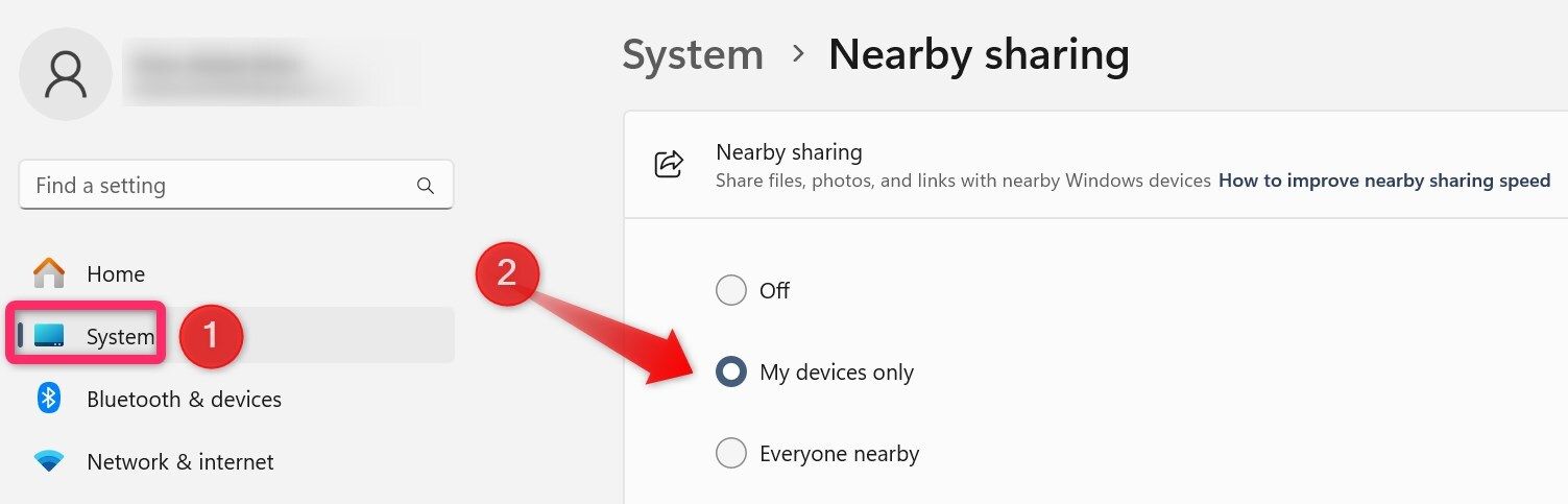 Enabling Nearby Sharing in the Windows Settings app.