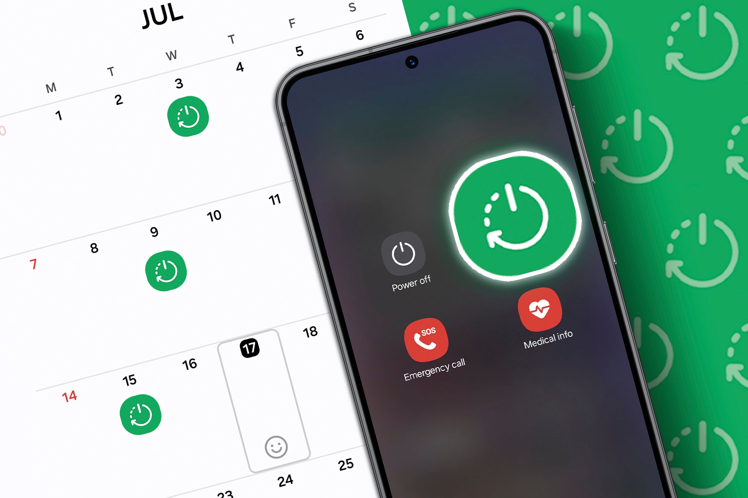 A calendar and a phone with the restart button highlighted.