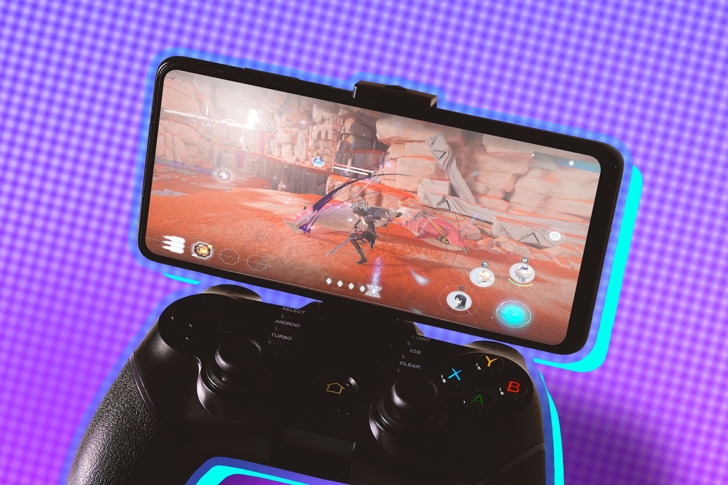 A game on the screen of a phone connected to a controller.