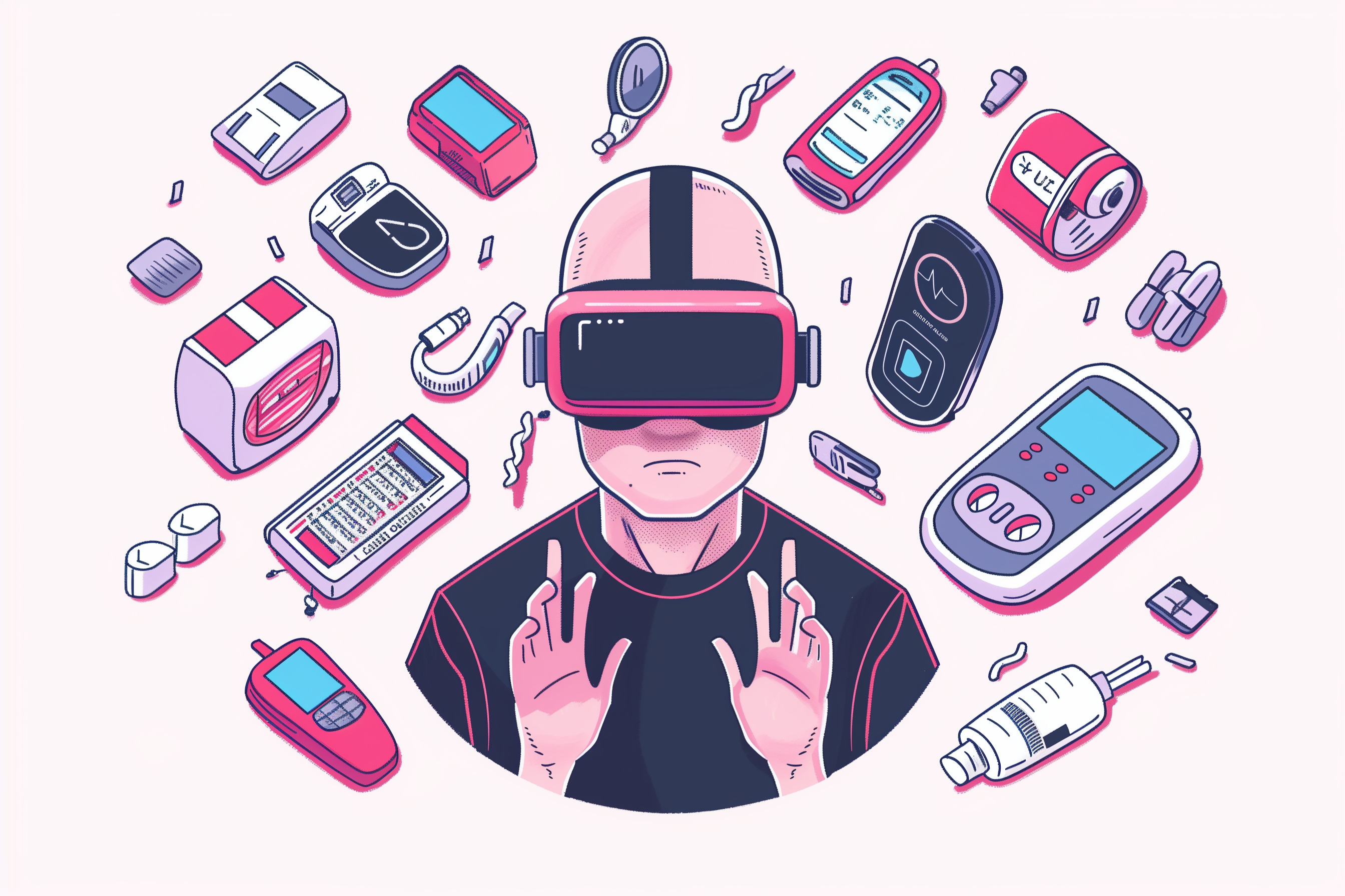 A graphic showing a bald caucasian male person wearing a VR headset surrounded by items related to diabetes