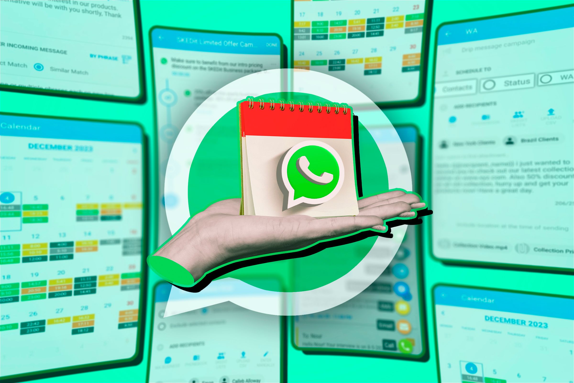 A hand holding a calendar and the WhatsApp icon.