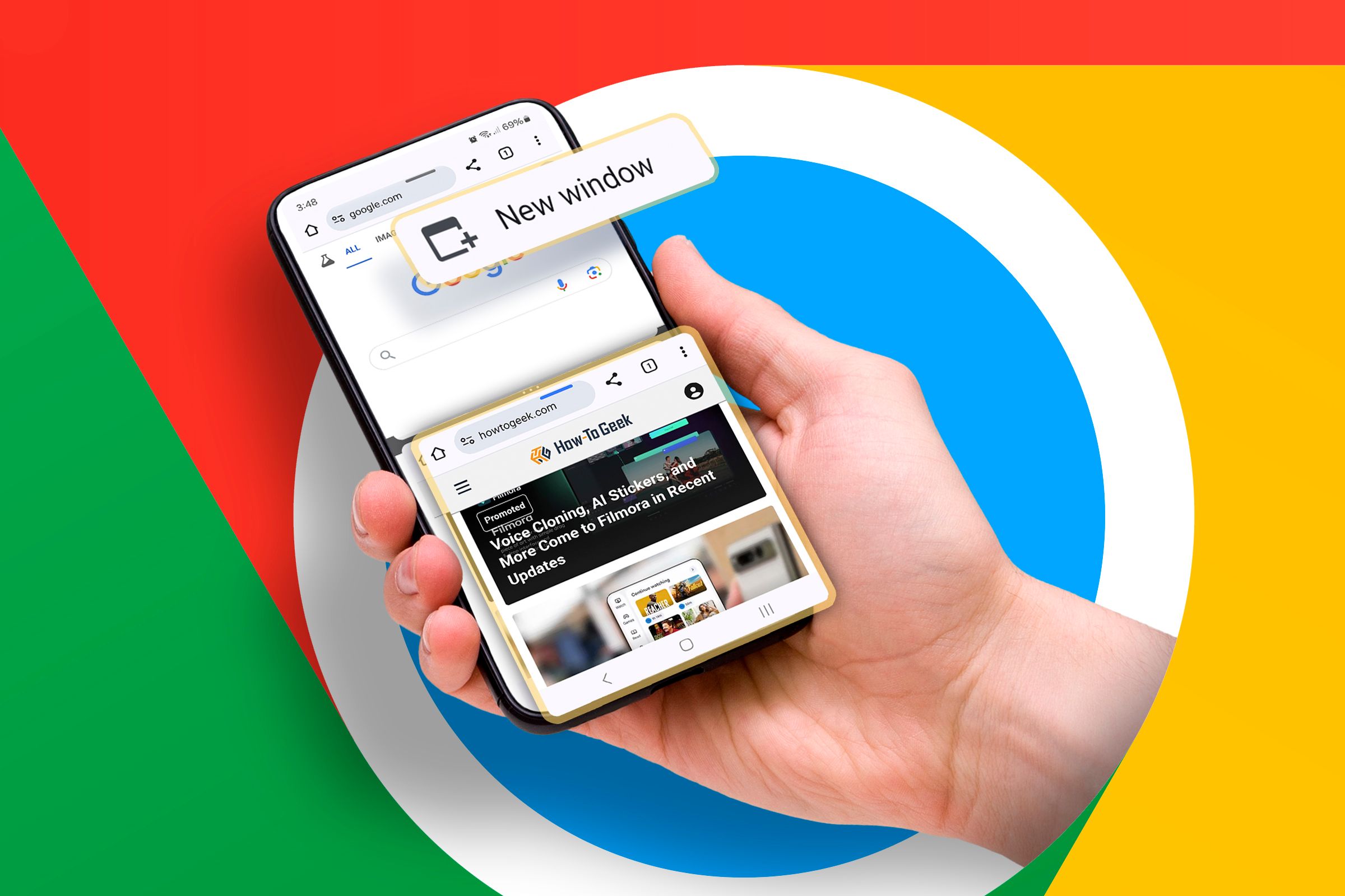 A hand holding a phone with Google Chrome showing two windows.