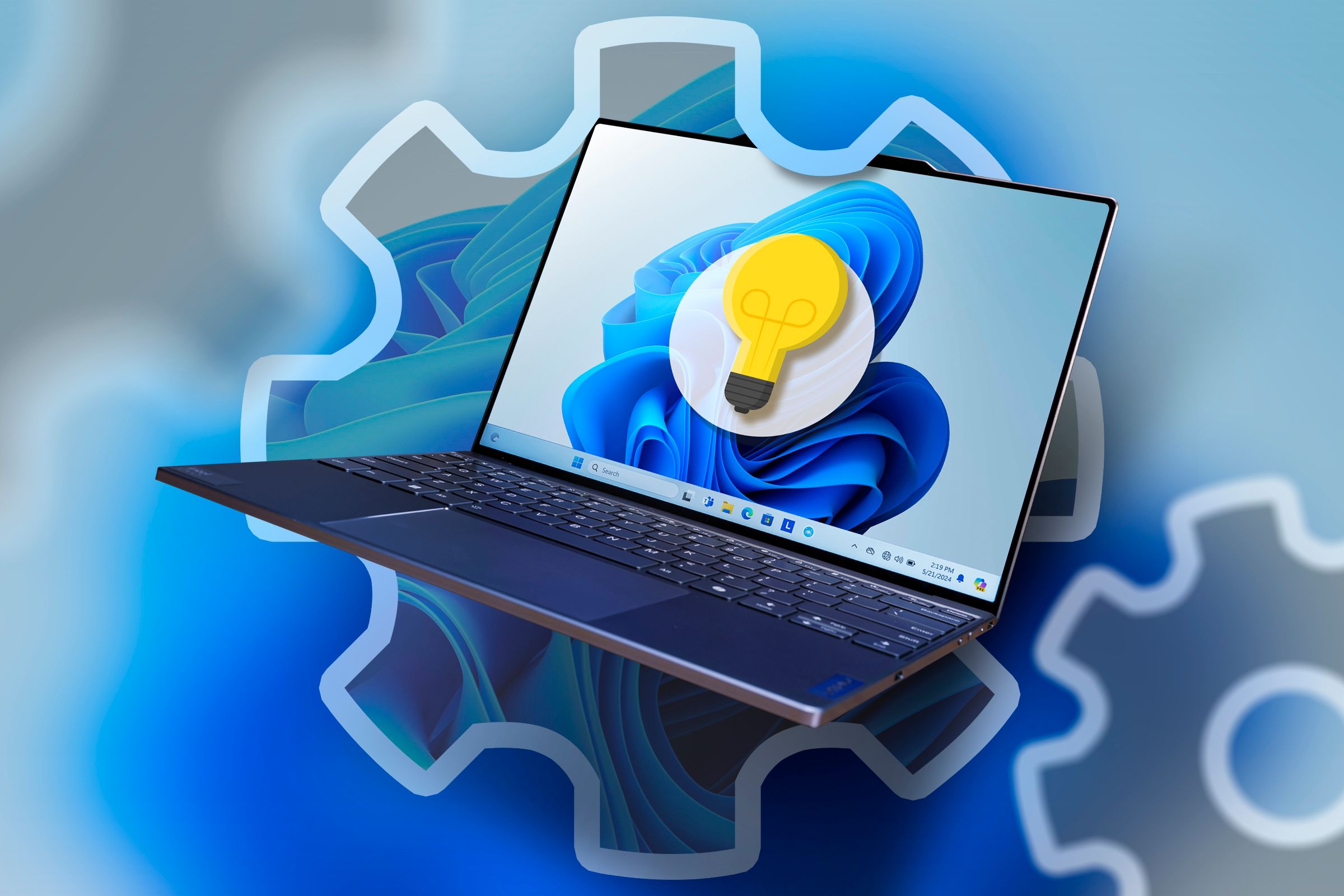 A laptop with Windows 11 coming out of a gear icon and a lightbulb on the screen.