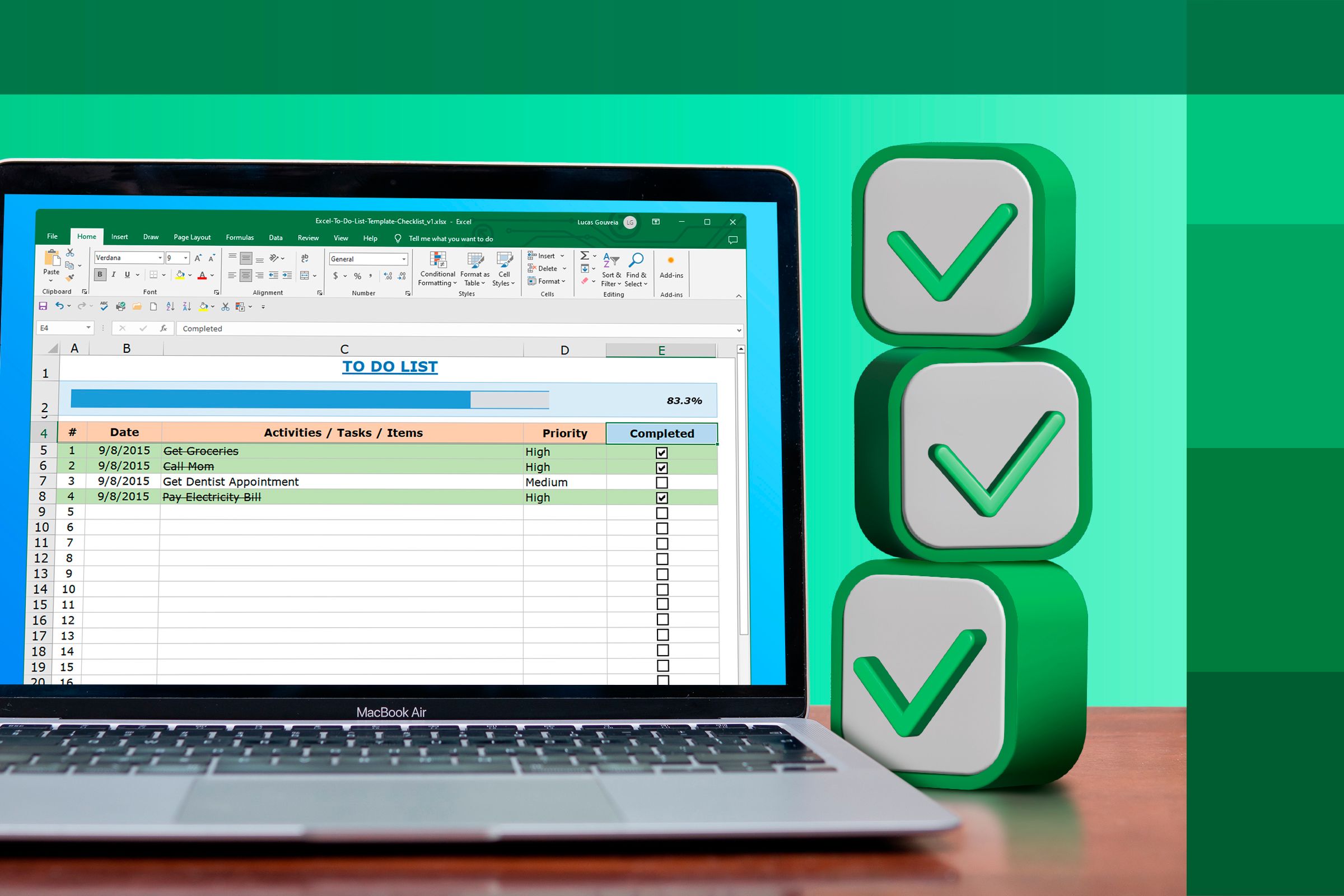 A MacBook with an Excel spreadsheet and some checkboxes next to it.