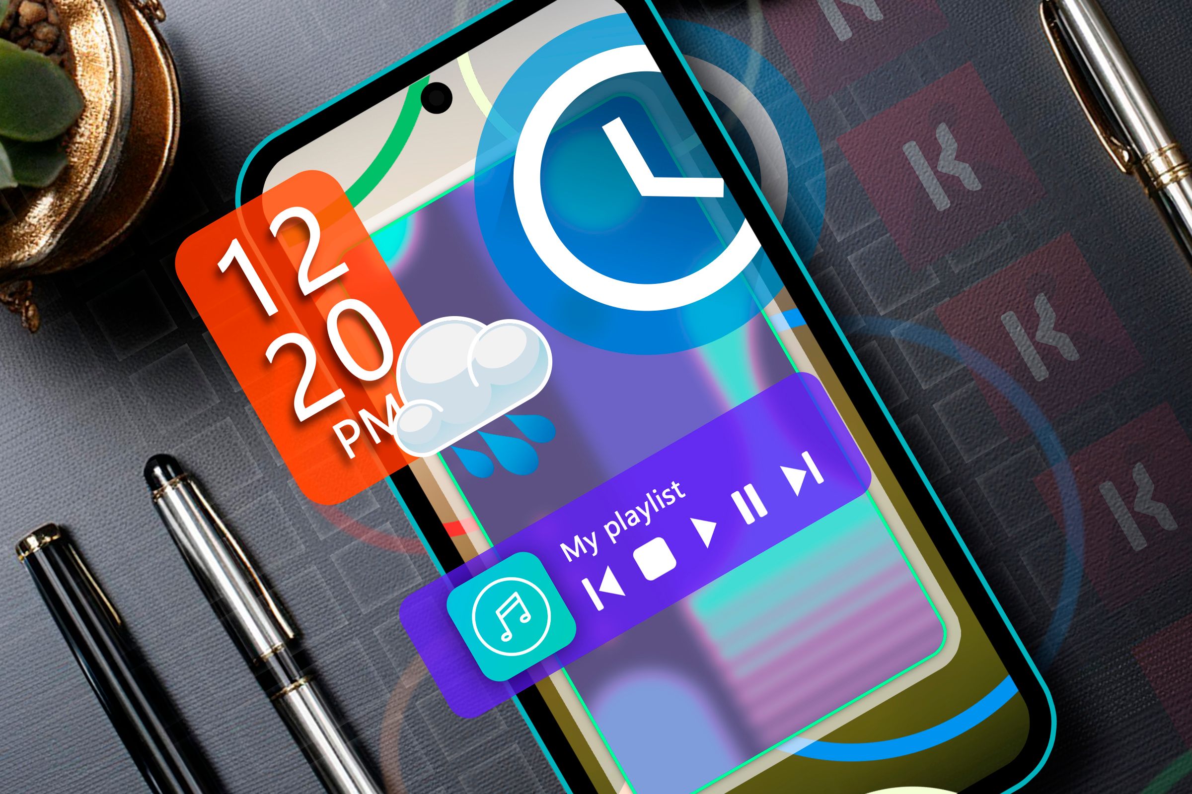 A phone with a custom wallpaper and widgets.