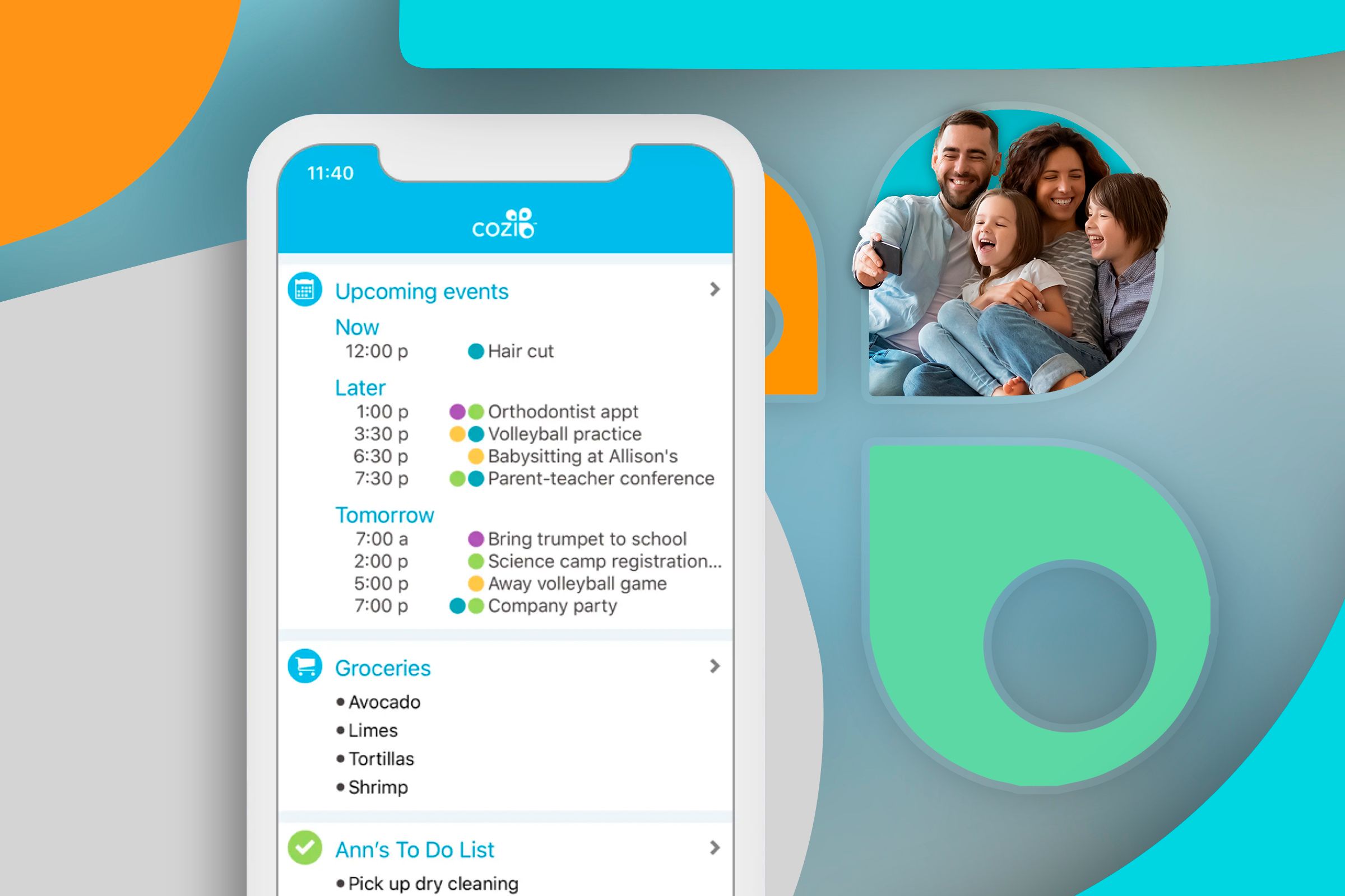 A phone with the Cozi app and the Cozi logo in the background, with a family using a phone.