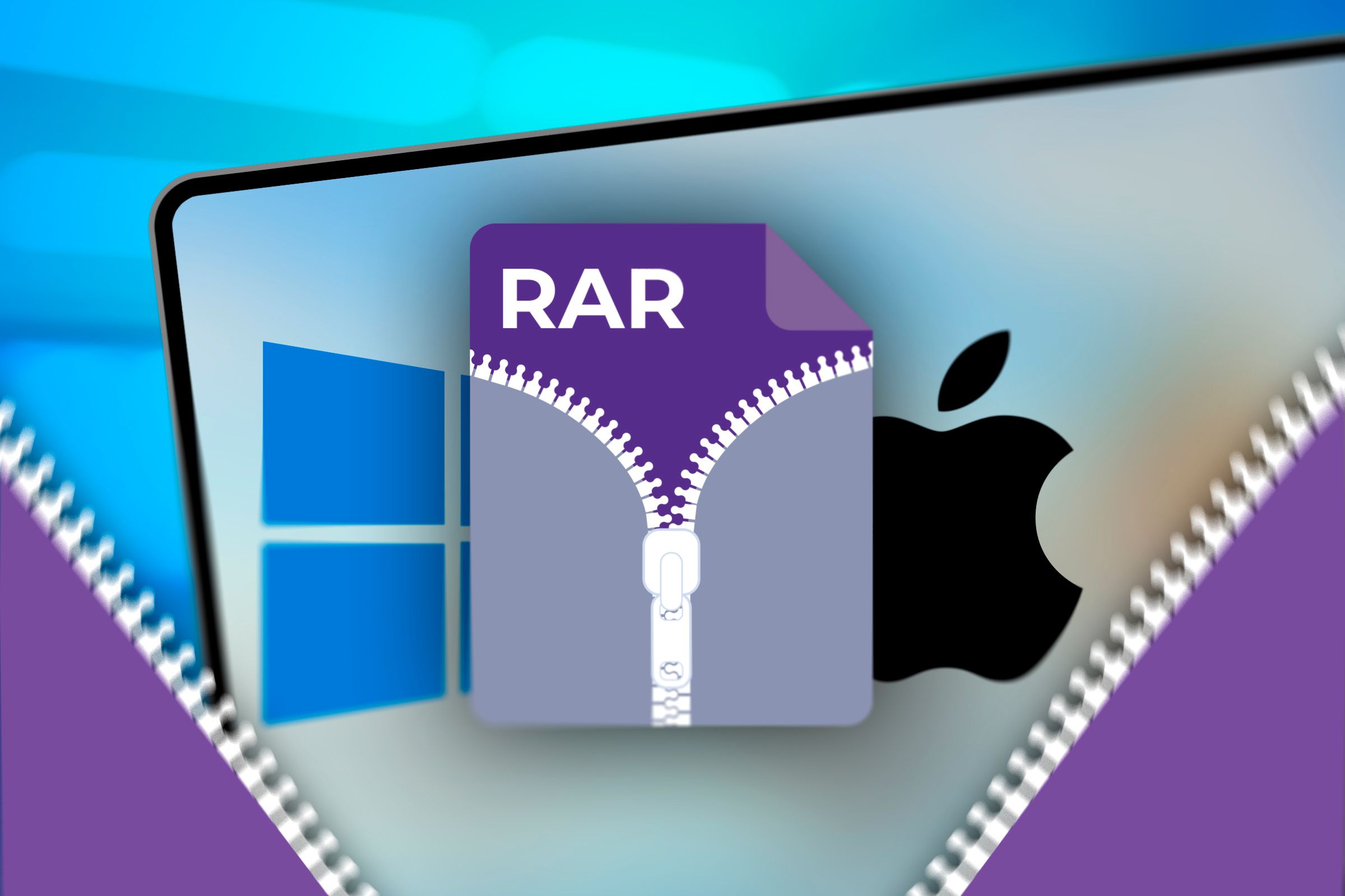 A RAR file icon and the Windows and Apple logos behind.