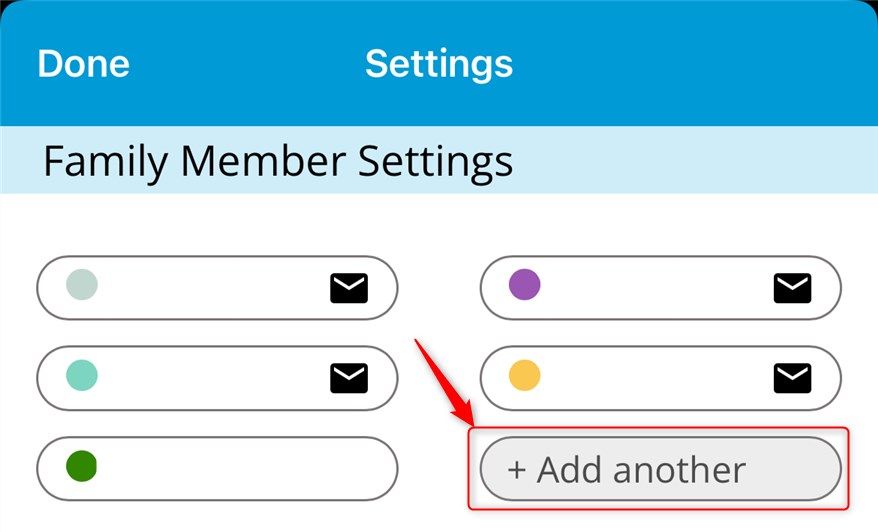 The Add Another option selected in the Family Member Settings area of the Cozi app.