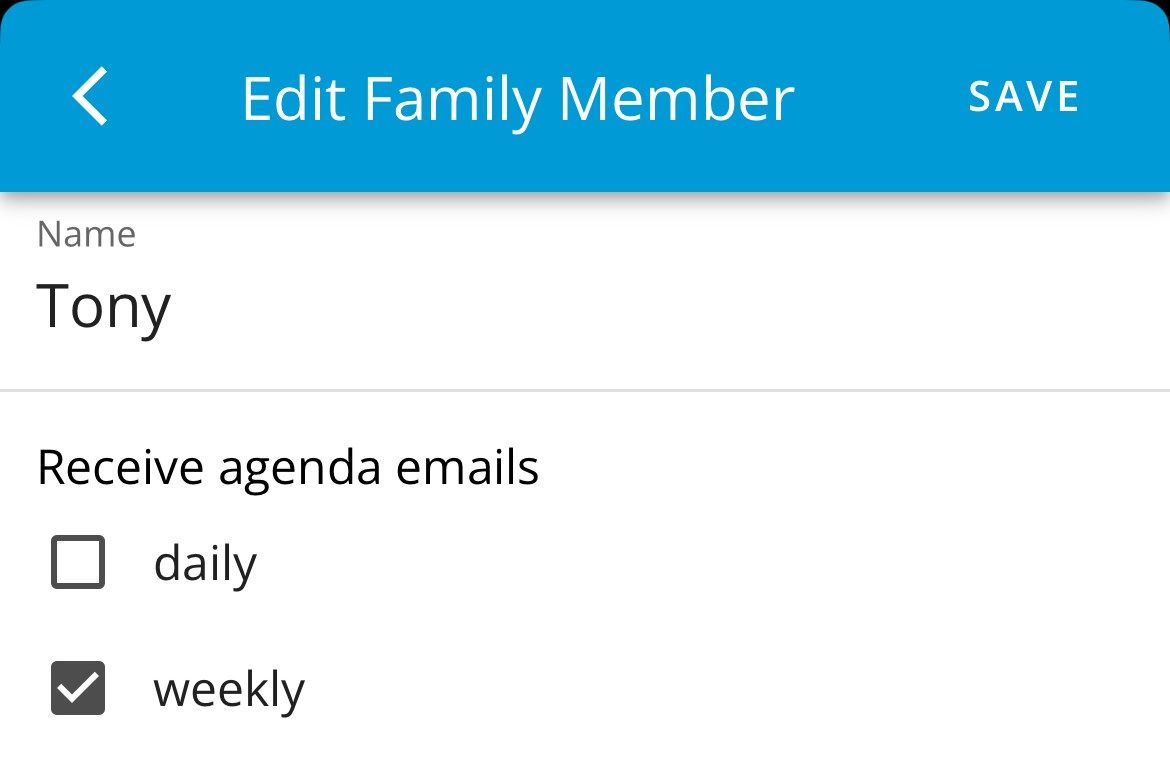 The Receive Agenda Emails options in the Cozi app.